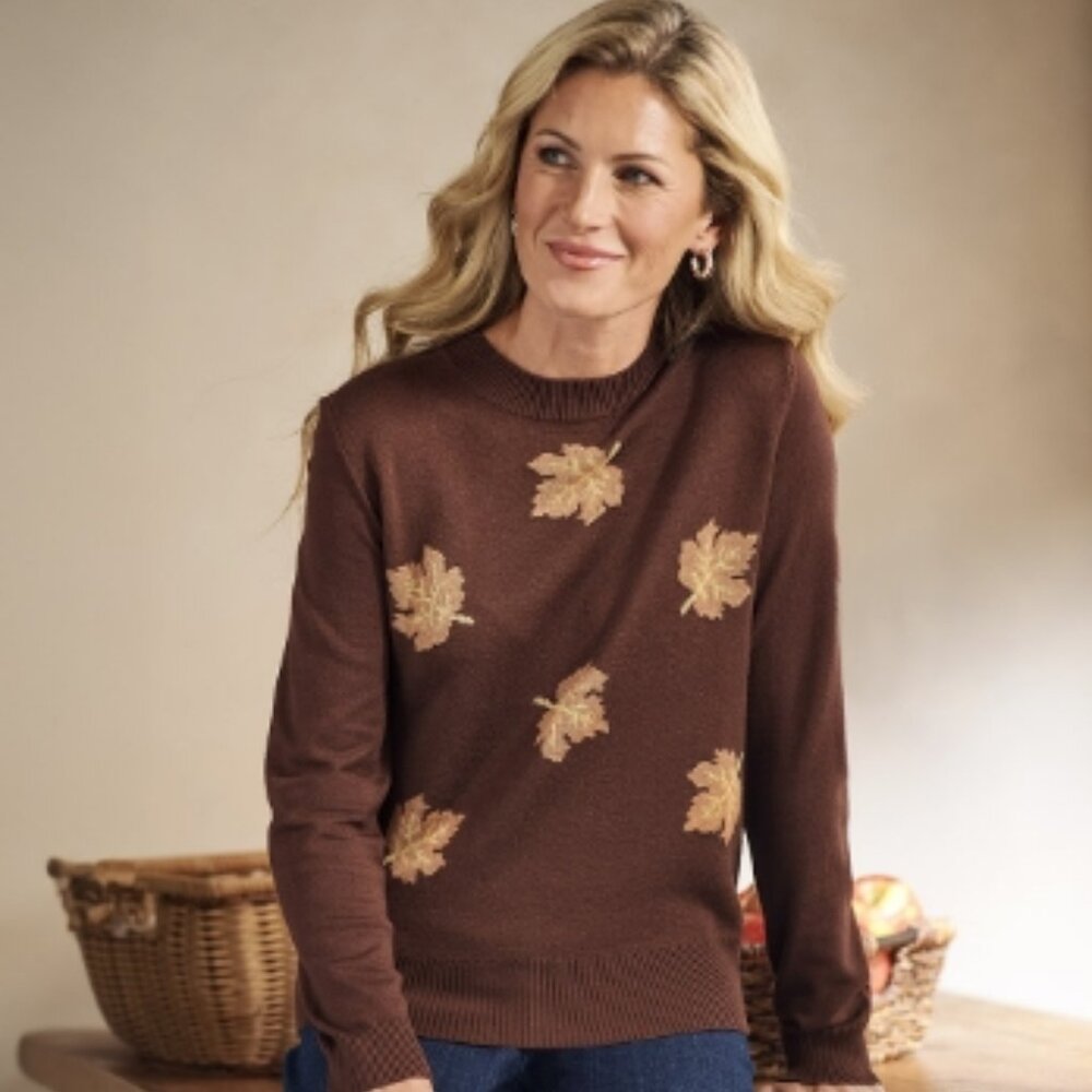 PLUS SIZE RETROLOGY TOSSED LEAF CREWNECK SWEATER| CHOCOLATE FONDANT COMBO |SZ 2X